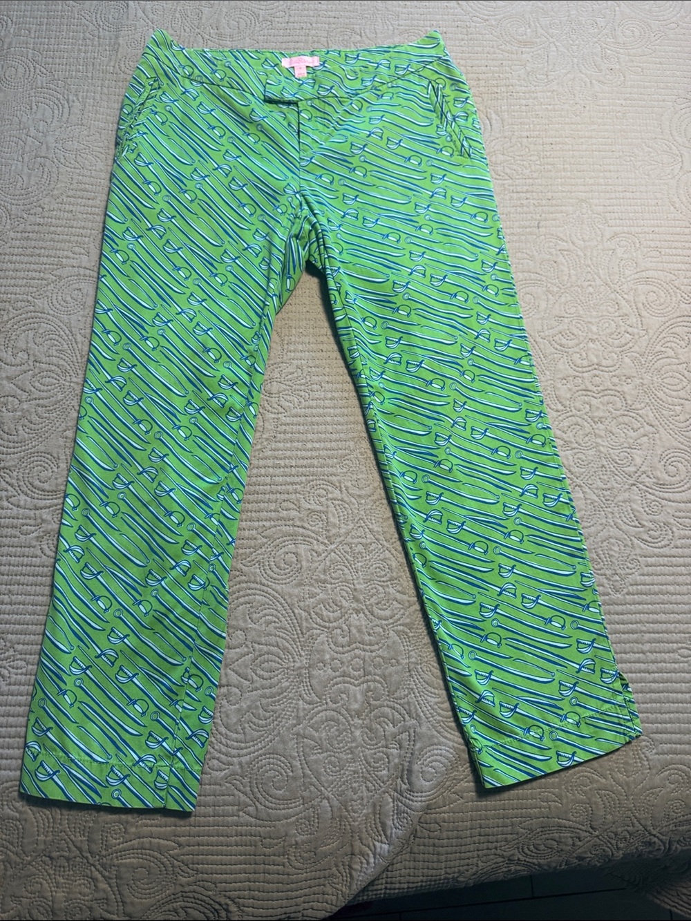 Lilly Pulitzer Green Pants with Blue and white swords